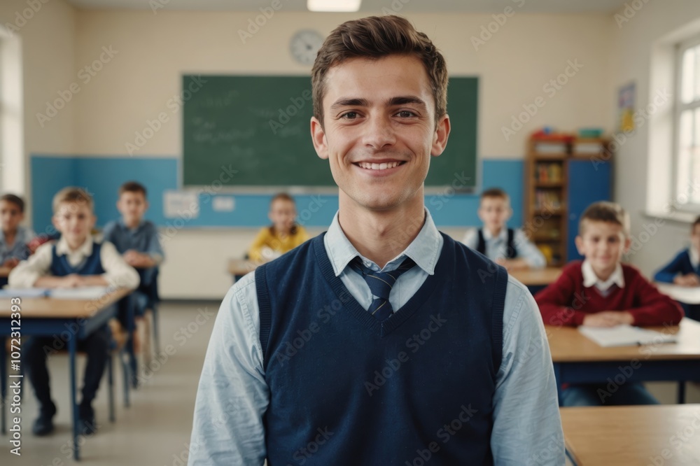 Close portrait of a smiling young Macedonian male elegant primary school teacher standing and looking at the camera, indoors almost empty classroom blurred background Close portrait of a smiling young Macedonian male elegant primary school teacher standing and looking at the camera, indoors almost empty classroom blurred background