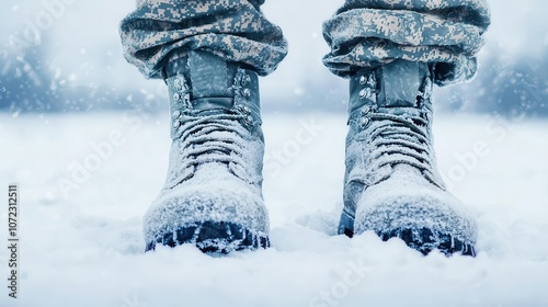 Closeup of a Soviet soldier s boots treading through deep snow, Eastern Front during WWII photo