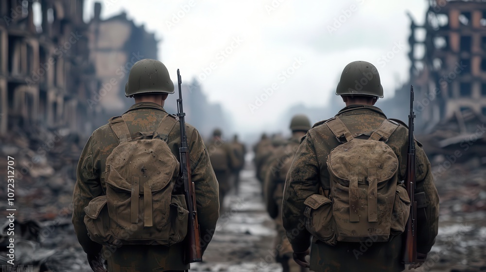 Fototapeta premium Soviet soldiers marching through a bombedout city, destruction and devastation all around