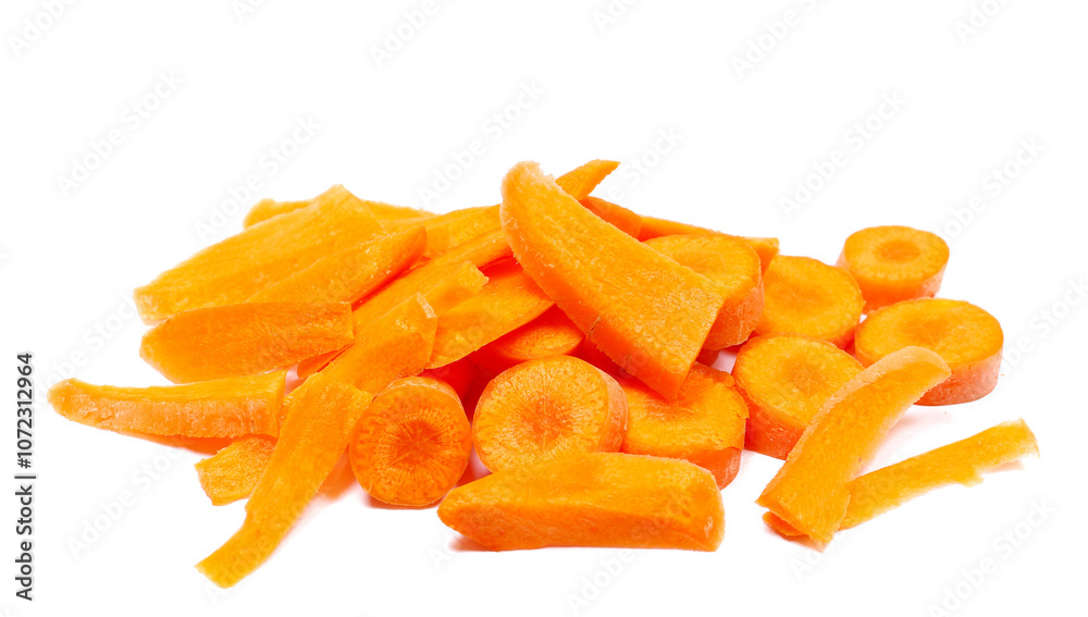 Fresh carrot slices isolated on white, side view, clipping