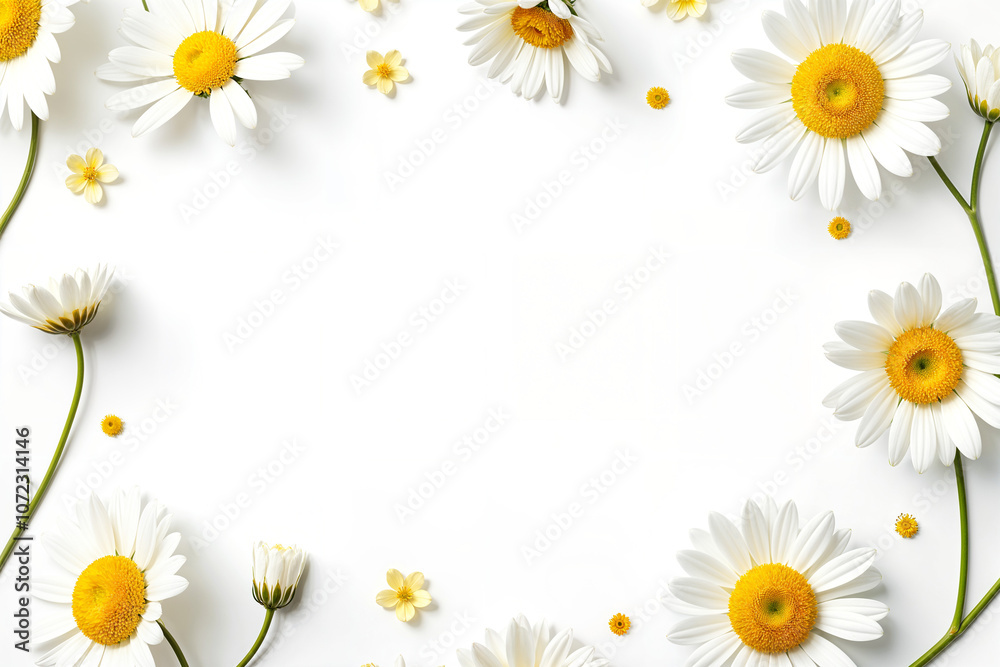 Top view of a white background with a blank frame featuring a mockup Chamomile daisy flower buds add a creative touch to the summer and spring themed copy space image Top view of a white background with a blank frame featuring a mockup Chamomile daisy flower buds add a creative touch to the summer and spring themed copy space image