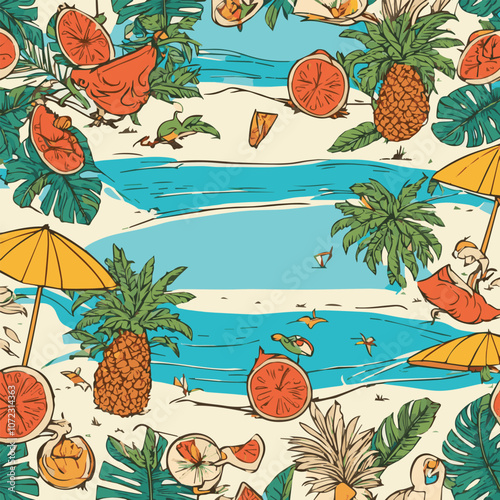 Summer vacation loungers on sea beach landscape beautiful seascape banner seaside holiday vector illustration. Vector cartoon style. Good sunny day. Deck chair and beach umbrella on the sand coast.	