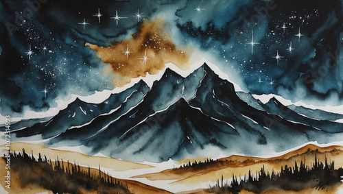 Majestic Mountains at Twilight: Watercolor Landscape of Serenity, Stars, and Mist