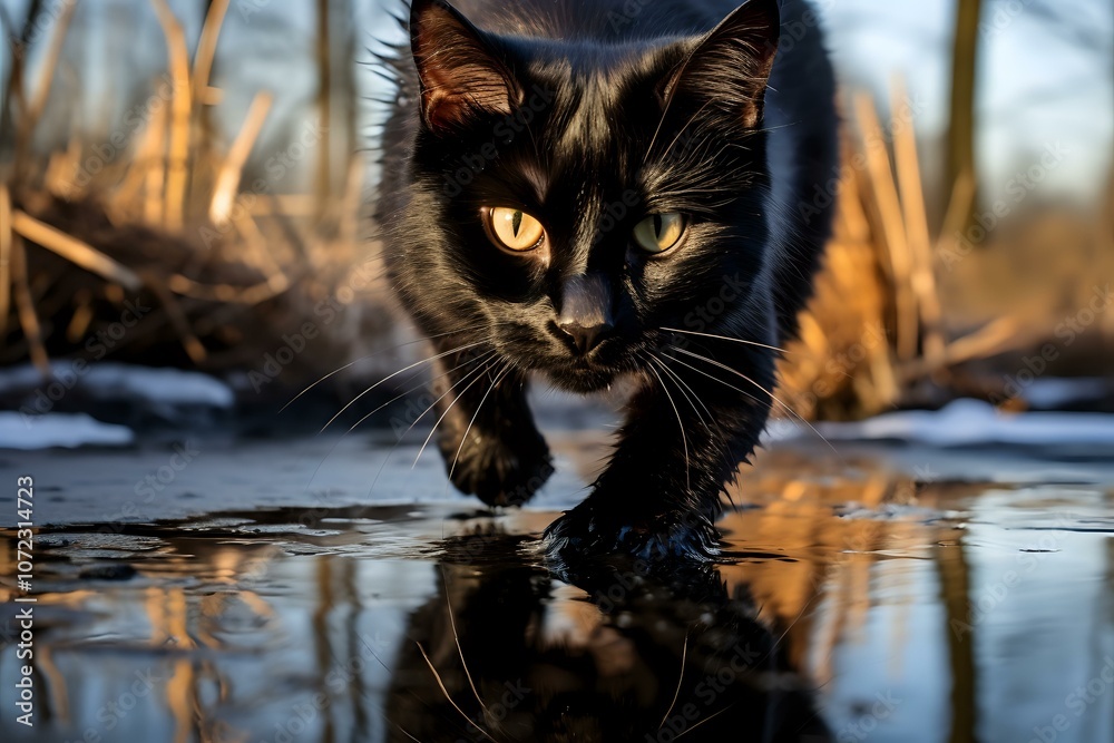 Black cat reflection in water with dramatic golden hour lighting, perfect for wildlife photography, animal portraits and nature storytelling projects. Black cat reflection in water with dramatic golden hour lighting, perfect for wildlife photography, animal portraits and nature storytelling projects.