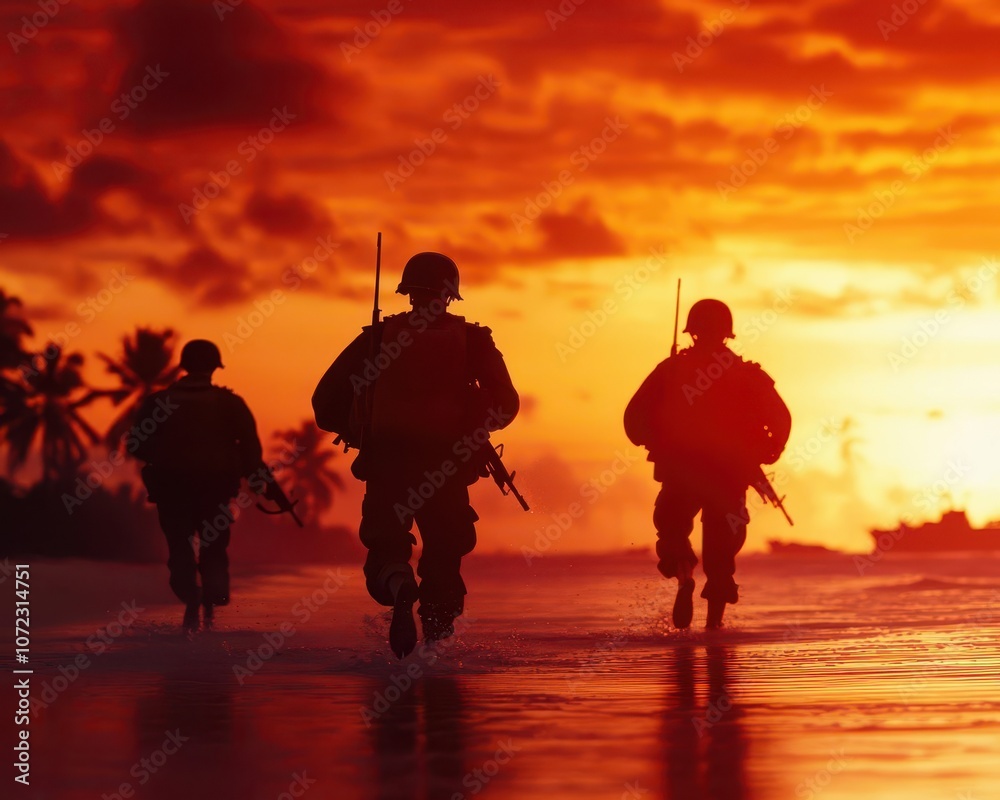 Poster US troops landing on a Pacific island beach, dramatic sky, WWII ...