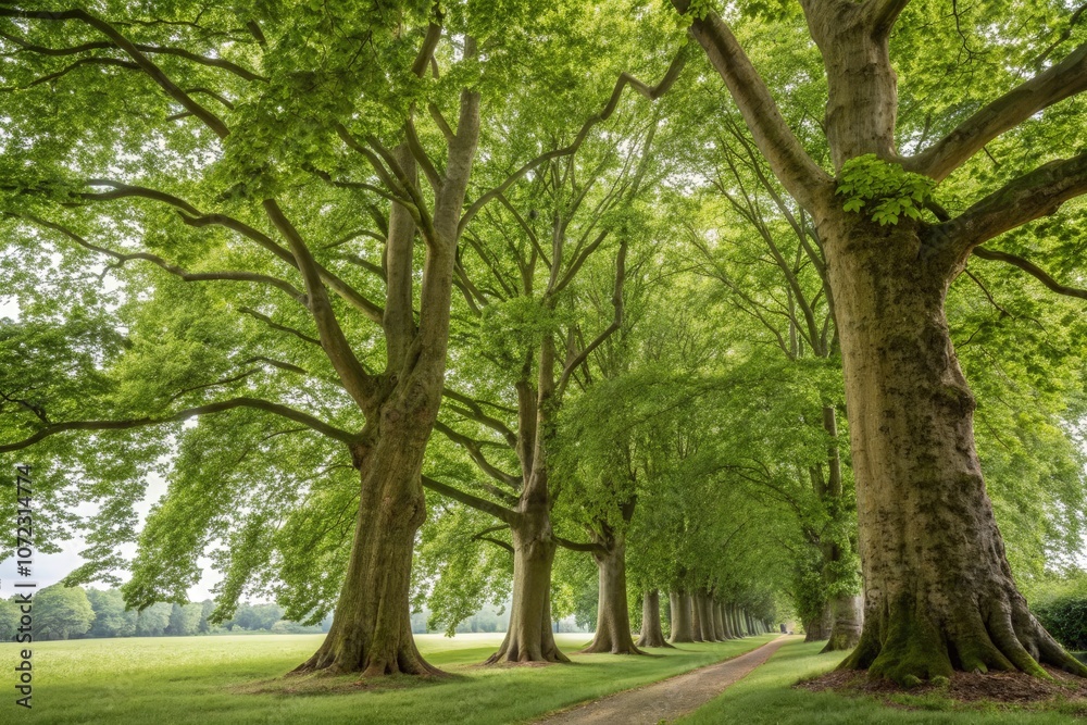 Majestic plane trees line a tranquil pathway in a lush green landscape. Generative AI Majestic plane trees line a tranquil pathway in a lush green landscape. Generative AI