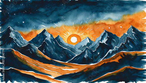 Majestic Mountain Sunrise: Vibrant Watercolor Landscape of Twilight, Serenity, and Radiance