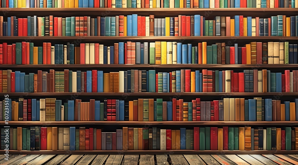 Magnificent floor-to-ceiling library shelves filled with colorful vintage books, perfect for education, reading culture and traditional library interior visuals. Magnificent floor-to-ceiling library shelves filled with colorful vintage books, perfect for education, reading culture and traditional library interior visuals.