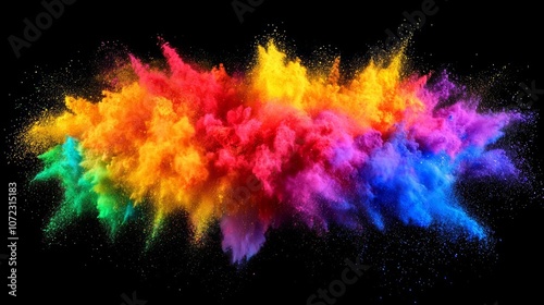 colorful rainbow holi paint color big  double powder explosion isolated dark black wide panorama background photo