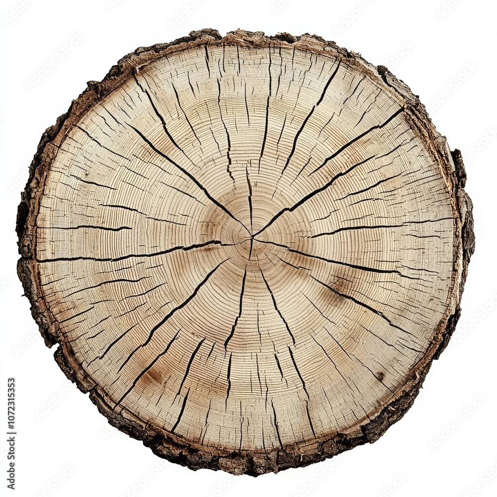 Fototapeta premium Cross section of tree trunk showing growth rings , isolated on white background, , copy space for text,