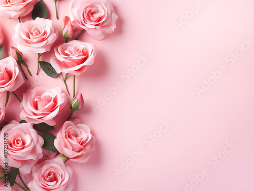 Top View of Spring Roses Flowers on Pink Pastel Background for Spring Sale Banner or Greetings