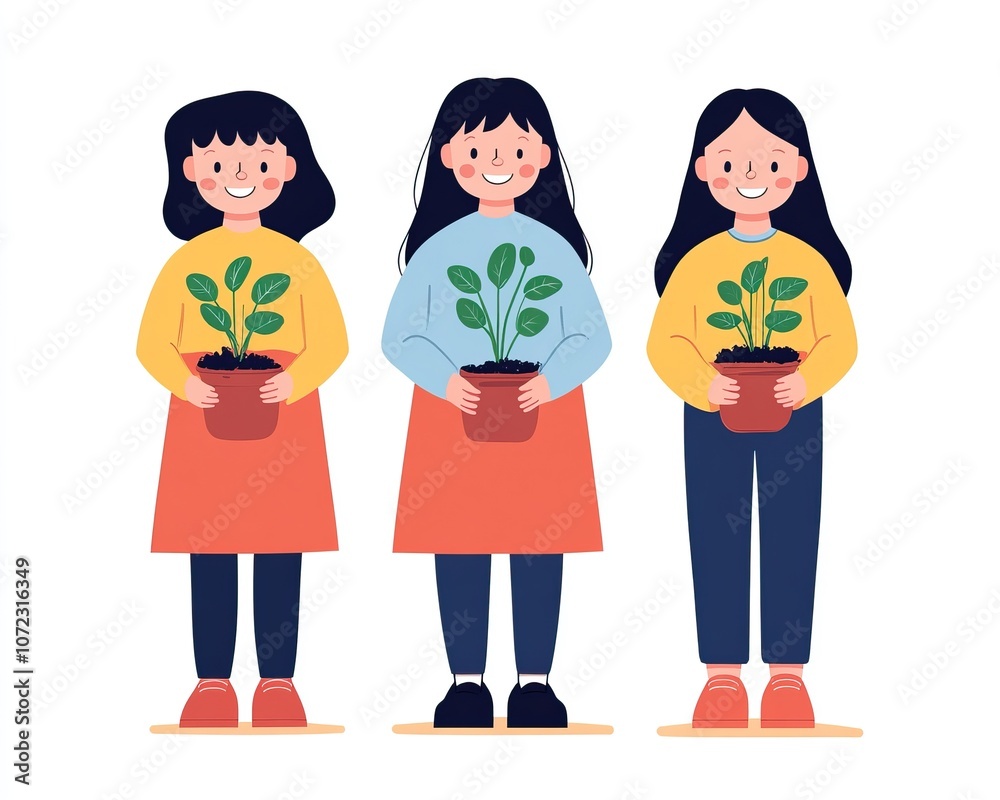 Three girls hold potted plants, each smiling and dressed in colorful outfits, showcasing a cheerful, nature-inspired theme. Three girls hold potted plants, each smiling and dressed in colorful outfits, showcasing a cheerful, nature-inspired theme.