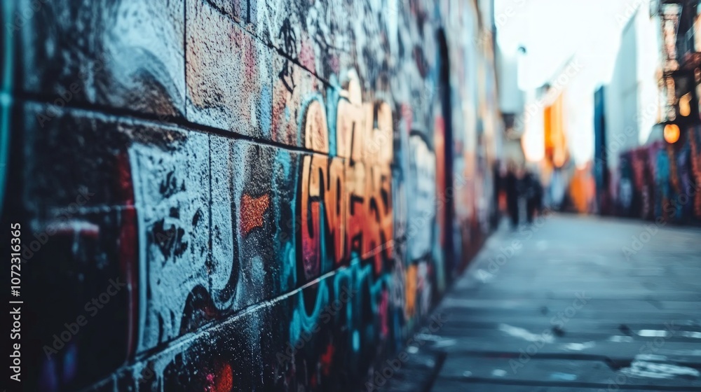 Fototapeta premium Vibrant Urban Graffiti Wall, a lively concrete canvas adorned with expressive street art and bold messages, capturing the essence of city culture and creativity