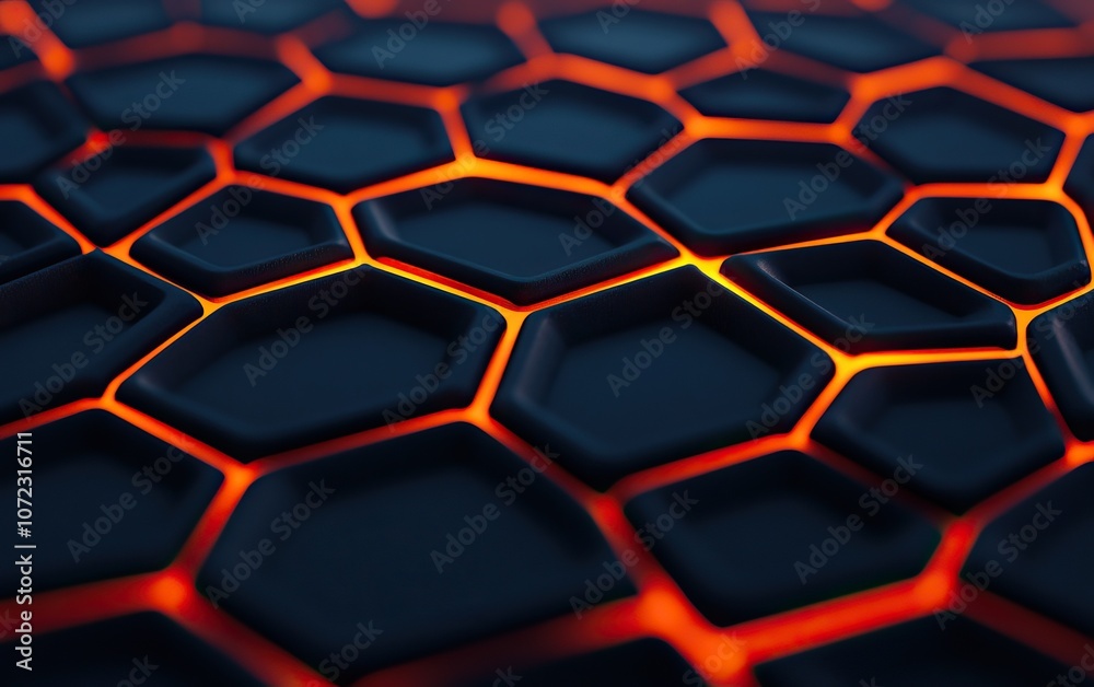 A vibrant, abstract design featuring a hexagonal grid illuminated by glowing orange edges against a dark background. A vibrant, abstract design featuring a hexagonal grid illuminated by glowing orange edges against a dark background.