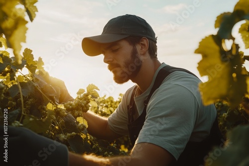 Farmer Tending Hops in a Sunny Field photo