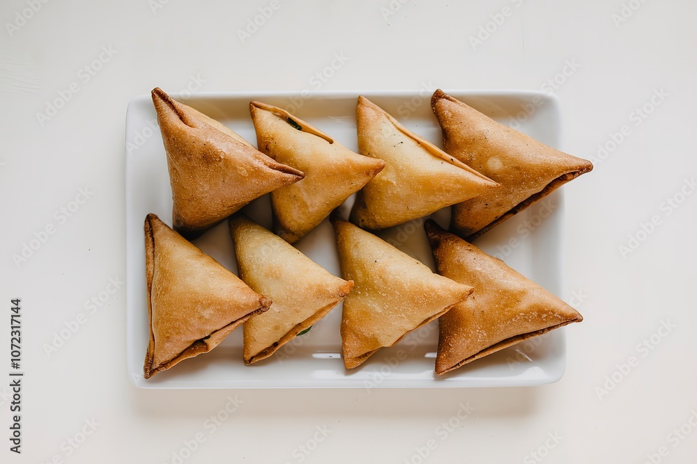 A rectangular white plate containing several golden-brown triangular samosas.