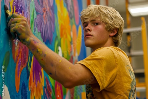 Young Artist Painting an Intense Mural in Studio photo