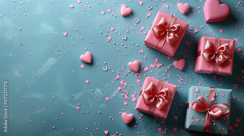 valentine s day blue background with pink gift boxes hearts confetti