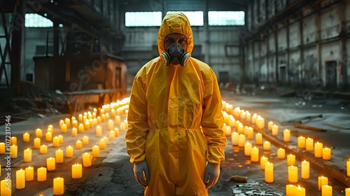 Person in yellow hazmat protective suit standing among glowing candles in dark abandoned industrial building. Atmospheric moody scene with dramatic lighting effects.