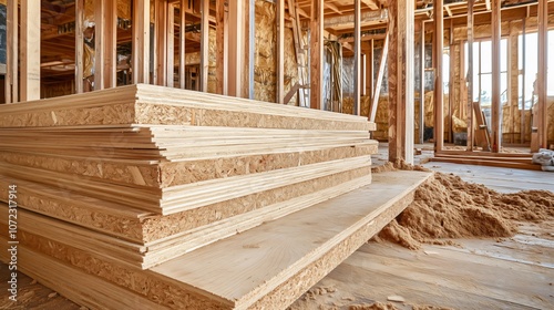 Stack of oriented strand boards lying on floor in unfinished house photo