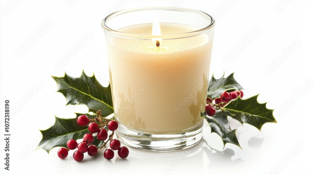 A festive candle surrounded by holly leaves and red berries, creating a cozy holiday atmosphere. A festive candle surrounded by holly leaves and red berries, creating a cozy holiday atmosphere.