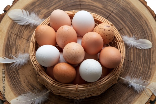 a basket of chicken eggs on a wooden board