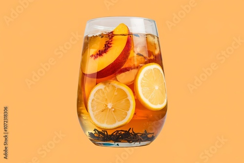 A glass of iced tea with peach and lemon slices