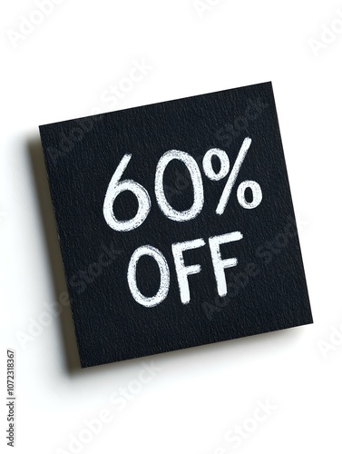 White '60% OFF' Text on a Anthracite Square Paper Note. White Background 