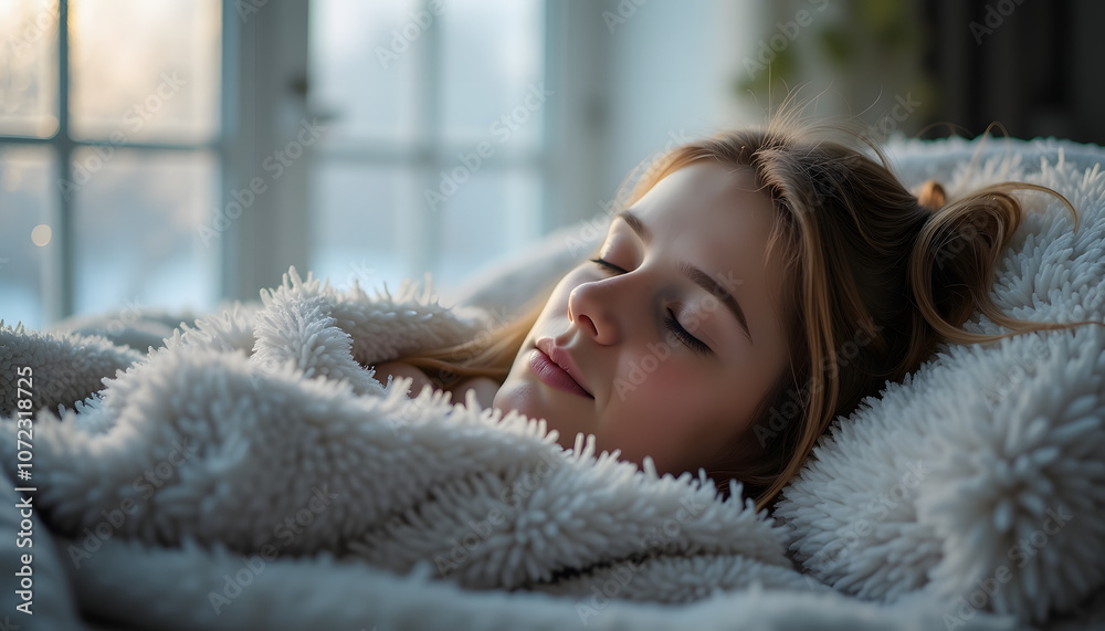 Young woman sleeping peacefully under fluffy blanket in cozy bedroom Young woman sleeping peacefully under fluffy blanket in cozy bedroom
