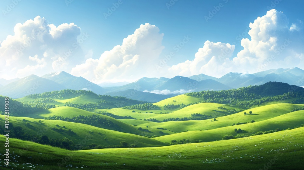 A serene landscape with rolling green hills, gentle slopes, and a bright blue sky dotted with fluffy clouds under natural sunlight. A serene landscape with rolling green hills, gentle slopes, and a bright blue sky dotted with fluffy clouds under natural sunlight.