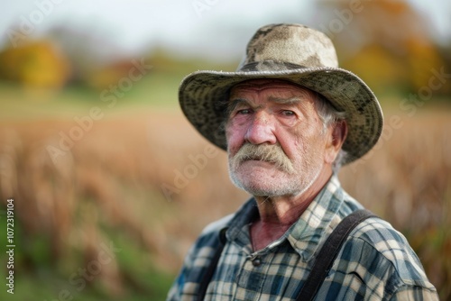 Portrait of a senior farmer wearing suspenders and a camouflage hat standing in a soybean field during autumn