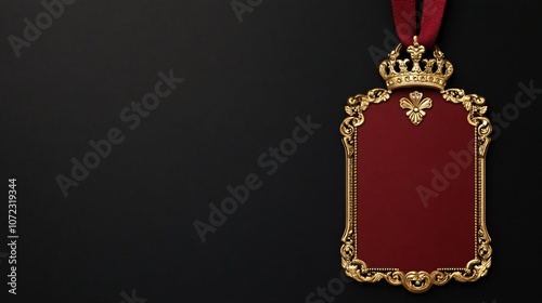 A decorative royal badge with a deep red background and ornate gold trim, featuring a regal crown atop.