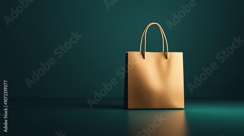 A stylish golden handbag stands prominently against a dark green background, showcasing modern design and elegance.