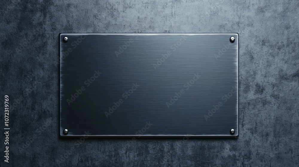 Obraz premium A blank, metallic plaque mounted on a textured surface, conveying a minimalist and modern aesthetic.
