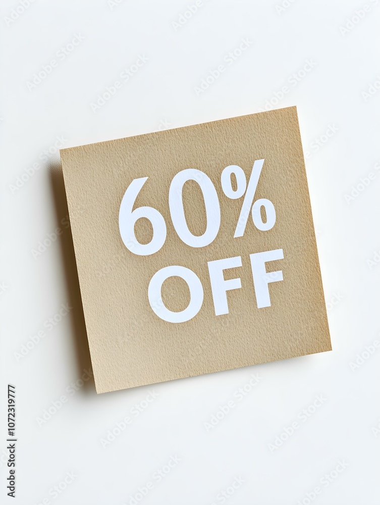 White '60% OFF' Text on a Beige Square Paper Note. White Background White '60% OFF' Text on a Beige Square Paper Note. White Background