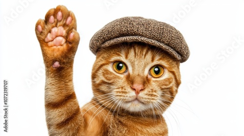 A charming orange cat wearing a hat raises its paw, exuding a playful and friendly demeanor.