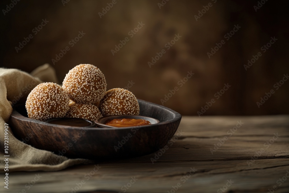 Delicious sesame seed balls with honey dipping sauce on a rustic wooden table Delicious sesame seed balls with honey dipping sauce on a rustic wooden table