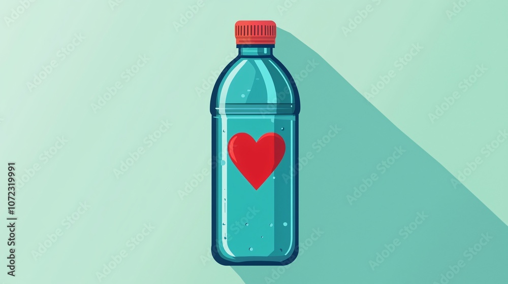 Obraz premium A vibrant water bottle with a red heart design, symbolizing love and hydration, set against a light blue background.