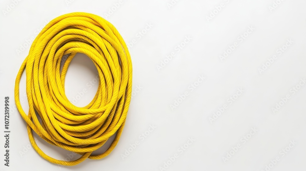 Neatly Coiled Yellow Rope on Clean White Background Neatly Coiled Yellow Rope on Clean White Background