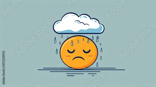 A sad, rain-drenched emoji under a cloud, portraying feelings of gloom and melancholy in a simple, minimalist style.