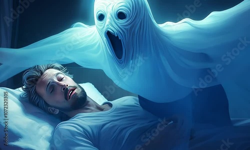 a terrified man with sleep paralysis laying on bed with a ghost on his chest 