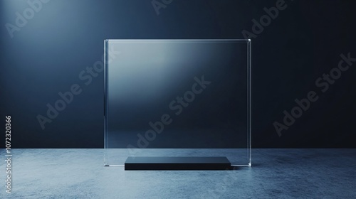 A transparent display panel stands on a dark surface, illuminated softly, showcasing modern design and minimalism.
