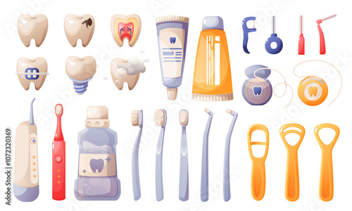 Home dental care kit, hygiene products. Toothpaste, toothbrushes, dental floss, interdental brushes, electric toothbrush, mouthwash, tongue scraper, electric irrigator, different teeth, implant.