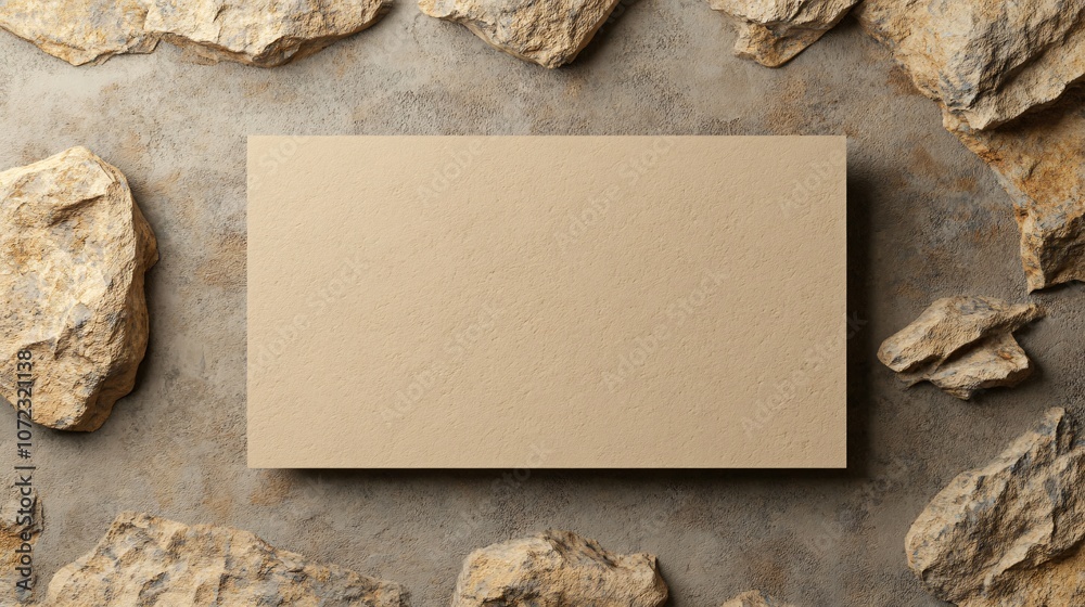 A blank beige card placed on a textured stone surface, providing a minimalist backdrop suited for design or branding.