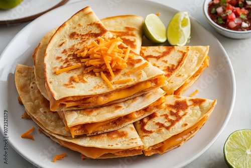 golden-brown cheddar cheese quesadillas on a white plate