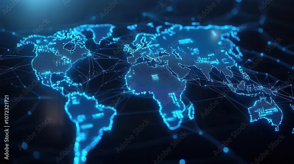 World map with blue network paths, global data exchange connections, 3D illustration World map with blue network paths, global data exchange connections, 3D illustration