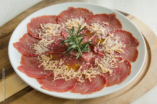 veal carpaccio with shaved parmesan cheese on a white plate
