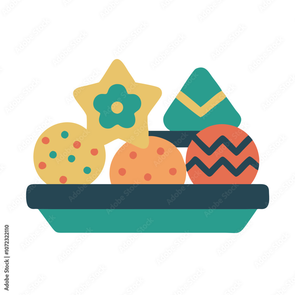 A plate of assorted cookies and cakes with a star and flower on it. The plate is blue and white A plate of assorted cookies and cakes with a star and flower on it. The plate is blue and white