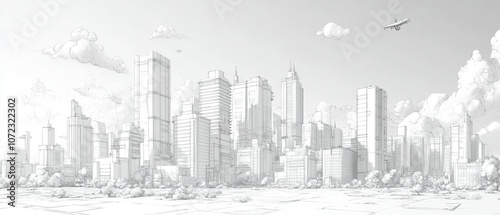 A pencil sketch of a city skyline with tall buildings and an airplane in the sky.