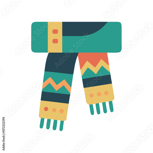A scarf with a blue and yellow stripe is shown in a cartoon style. The scarf is long and has a striped pattern